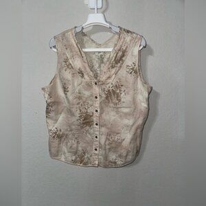 J. JILL 100%‎ Linen Sleeveless Top Beige Florals Hints of Pink Size L